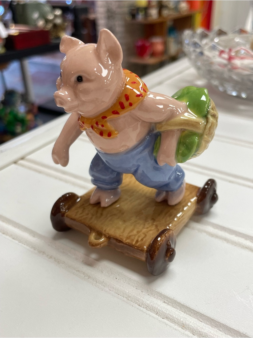 Vintage Rare Hagen Renaker Storybook Pig on Cart Figurine